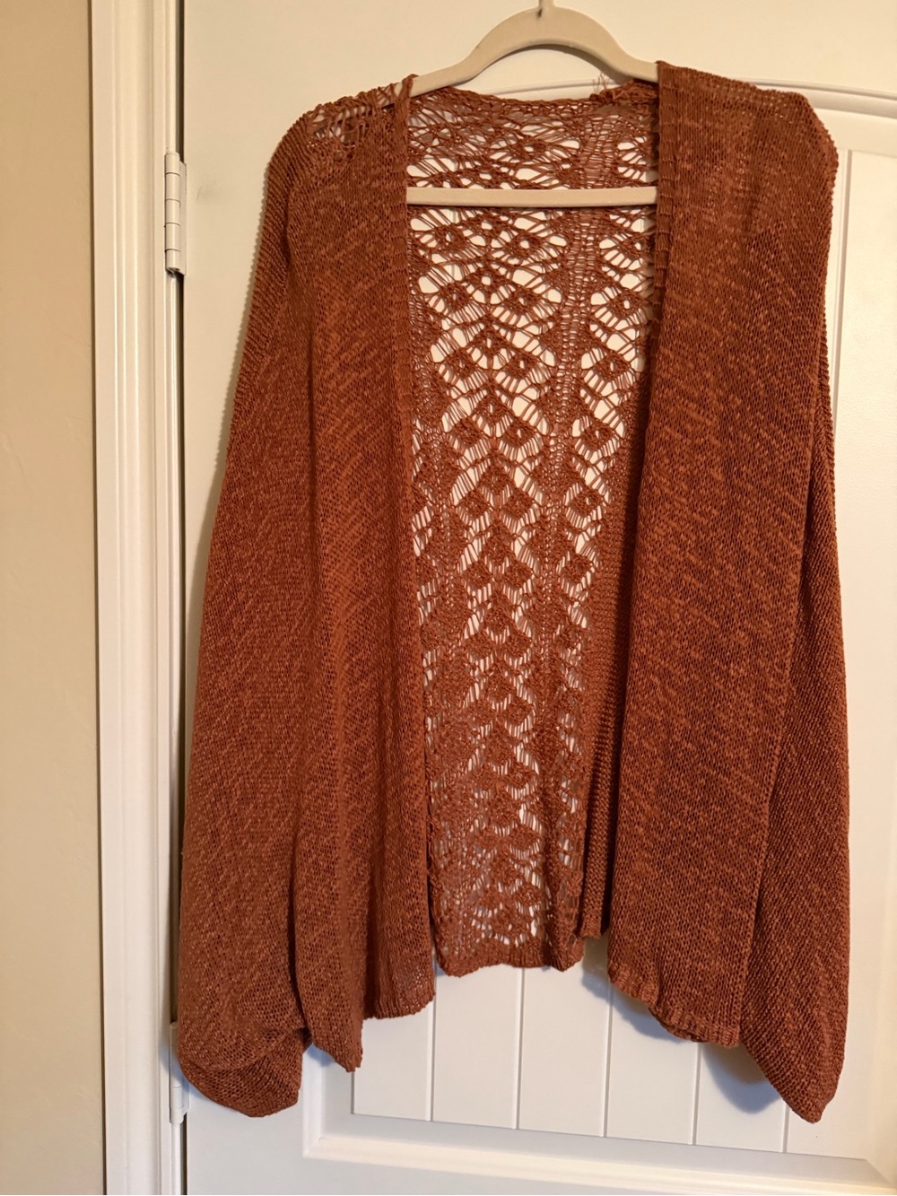 Kori America Kiss And Say Goodbye Rust Crochet Open Knit Shawl Cardigan S/M NWT